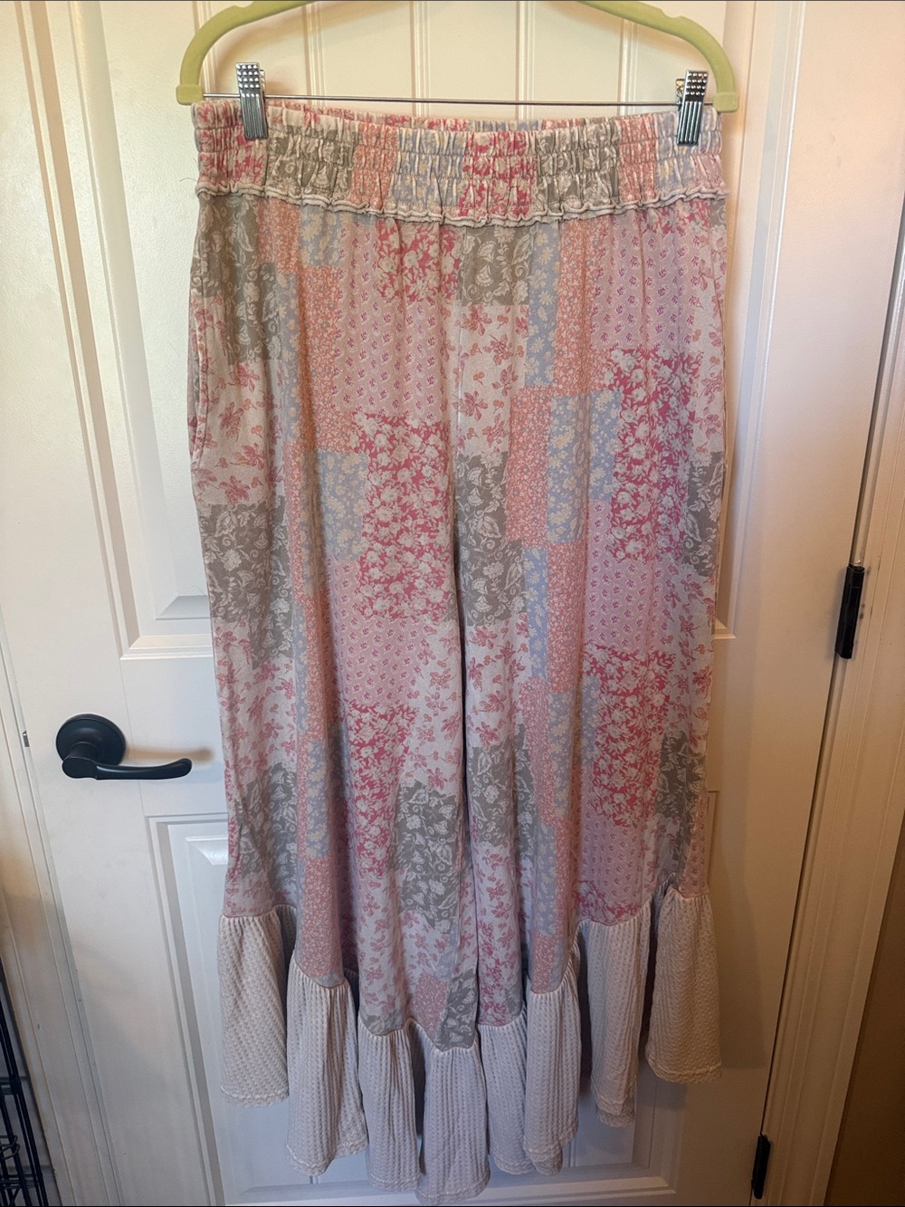 easel Pink and Cream Patchwork Boho Pants with Ruffle Hem